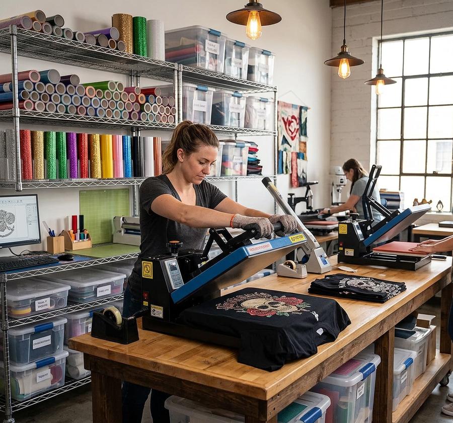 Hands placing t-shirt on extended pull-out platen